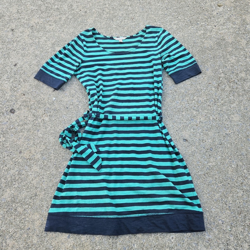 Banana Republic Womens Navy Blue/Green Striped Belted 100% Cotton Dress Size S